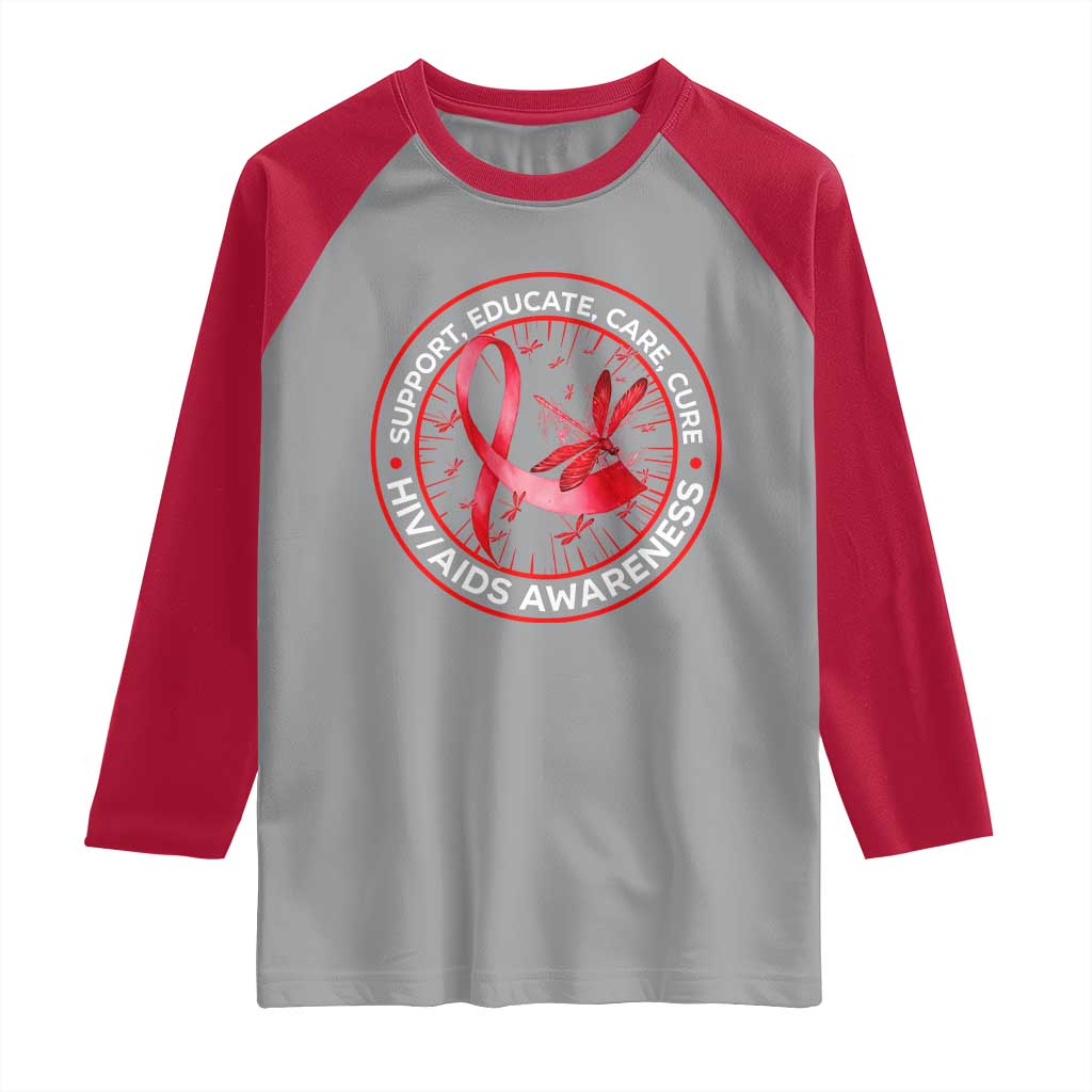 Support Educate Care Cure Raglan Shirt HIV Awareness Month Gift TS12 Sport Gray Red Print Your Wear