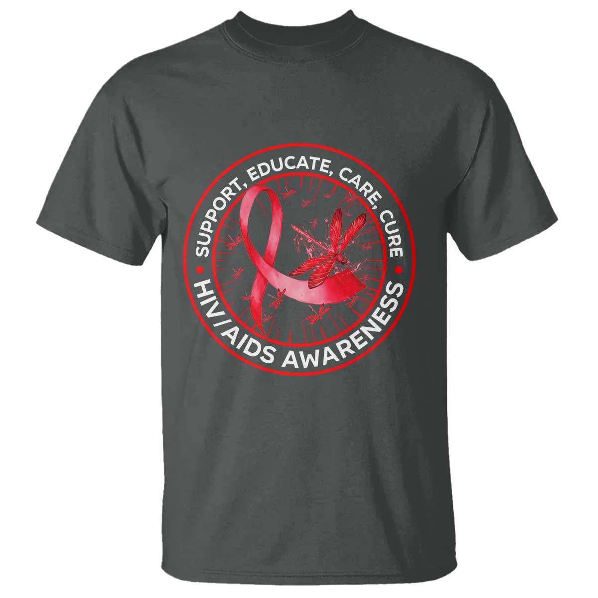 Support Educate Care Cure T Shirt HIV Awareness Month Gift TS12 Dark Heather Print Your Wear