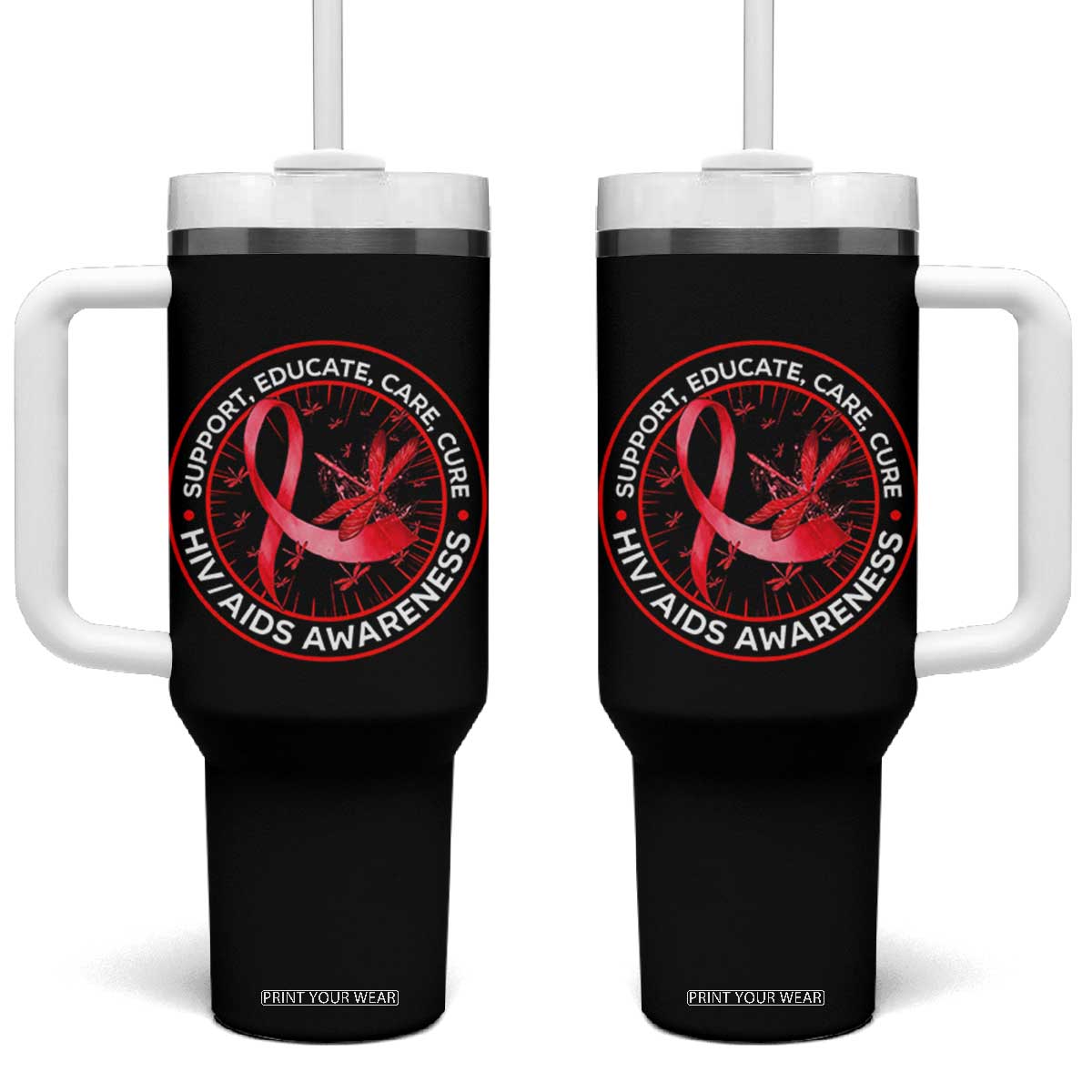 Support Educate Care Cure Tumbler With Handle HIV Awareness Month Gift TS12 One Size: 40 oz Black Print Your Wear