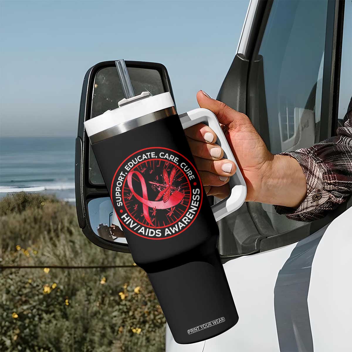 Support Educate Care Cure Tumbler With Handle HIV Awareness Month Gift TS12 Print Your Wear