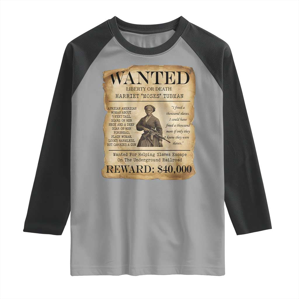 Vintage Harriet Tubman Poster Raglan Shirt Wanted For Helping Slaves Escape TS12 Sport Gray Black Print Your Wear