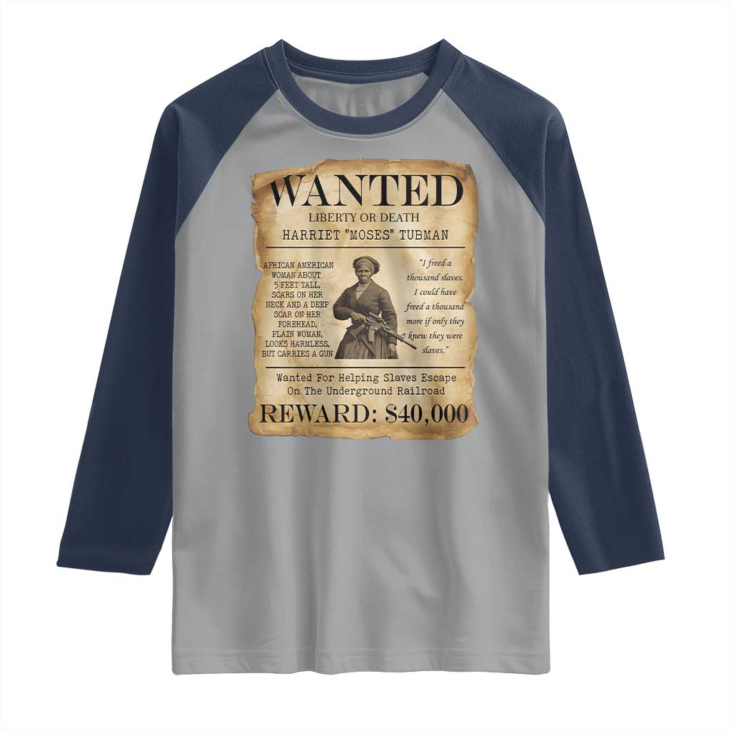 Vintage Harriet Tubman Poster Raglan Shirt Wanted For Helping Slaves Escape TS12 Sport Gray Navy Print Your Wear