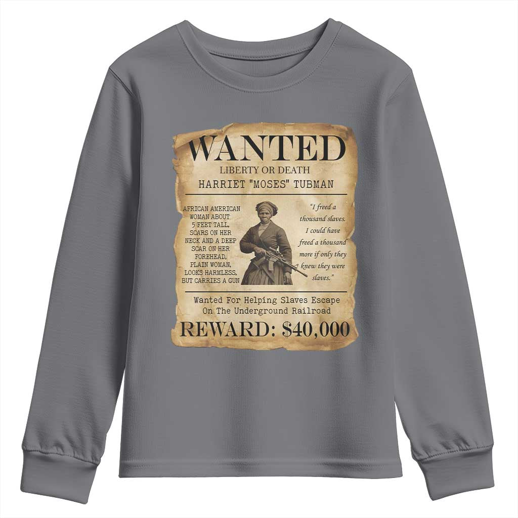 Vintage Harriet Tubman Poster Youth Sweatshirt Wanted For Helping Slaves Escape TS12 Charcoal Print Your Wear