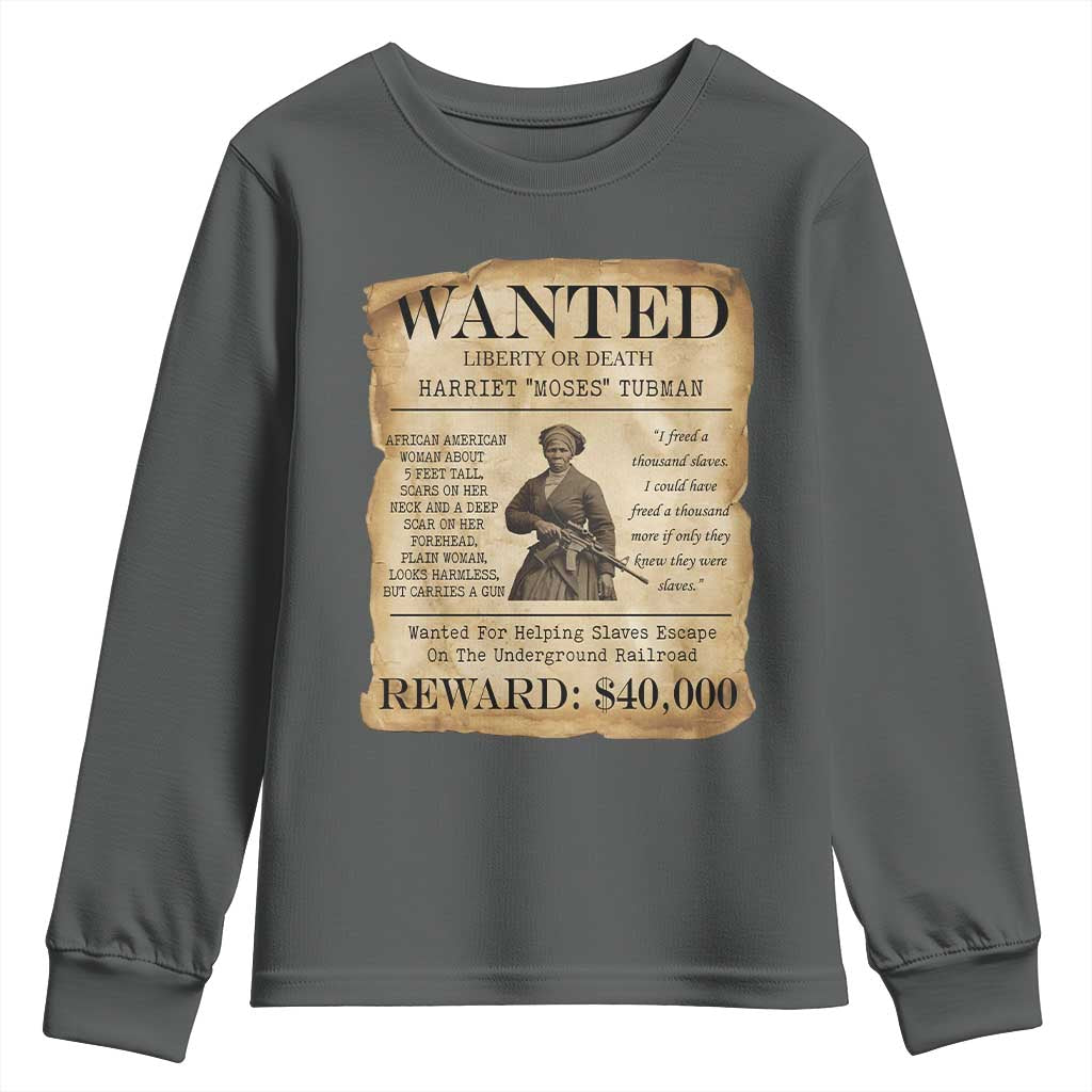 Vintage Harriet Tubman Poster Youth Sweatshirt Wanted For Helping Slaves Escape TS12 Dark Heather Print Your Wear