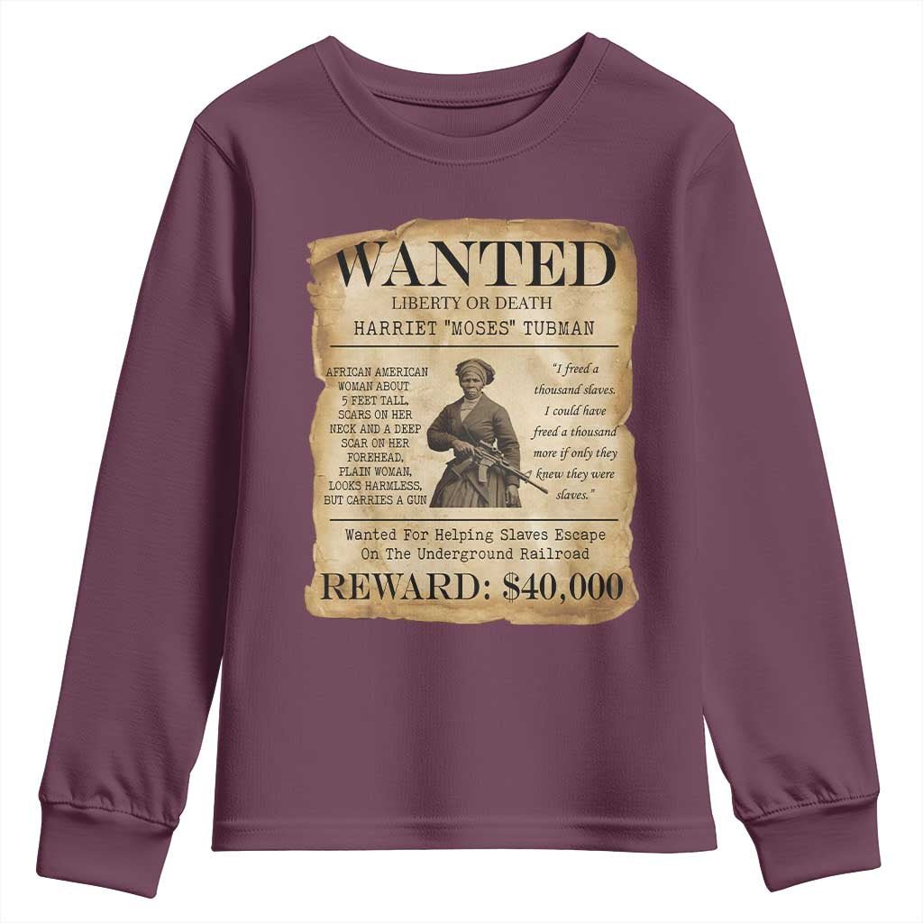 Vintage Harriet Tubman Poster Youth Sweatshirt Wanted For Helping Slaves Escape TS12 Maroon Print Your Wear