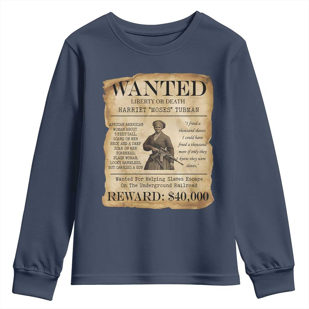 Vintage Harriet Tubman Poster Youth Sweatshirt Wanted For Helping Slaves Escape TS12 Navy Print Your Wear