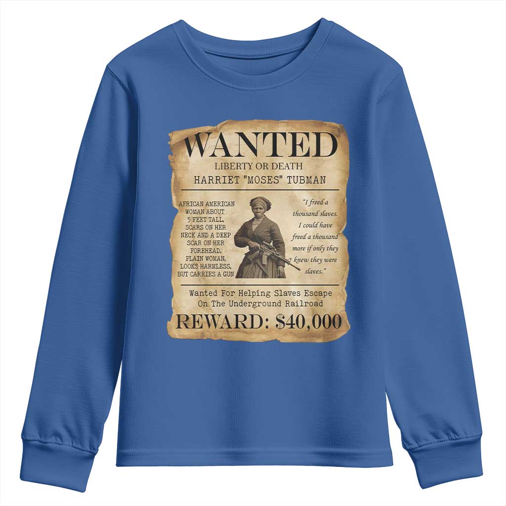 Vintage Harriet Tubman Poster Youth Sweatshirt Wanted For Helping Slaves Escape TS12 Royal Blue Print Your Wear