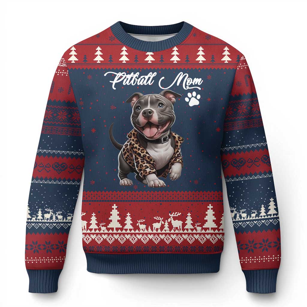 Pitbull Mom Ugly Christmas Sweater Cute Pitbull Puppy Dog Lovers TS12 Navy Red Print Your Wear
