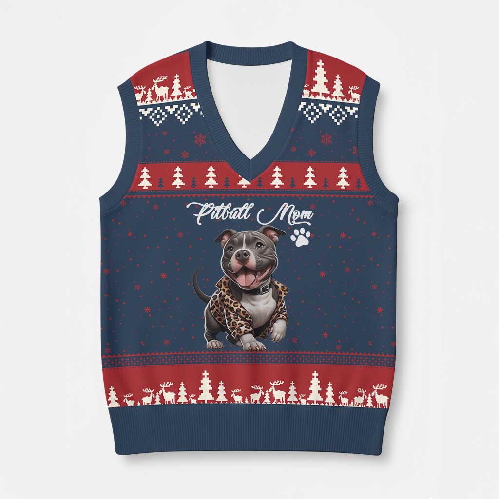 Pitbull Mom V-Neck Knit Sweater Vest Cute Pitbull Puppy Dog Lovers TS12 Navy Red Print Your Wear