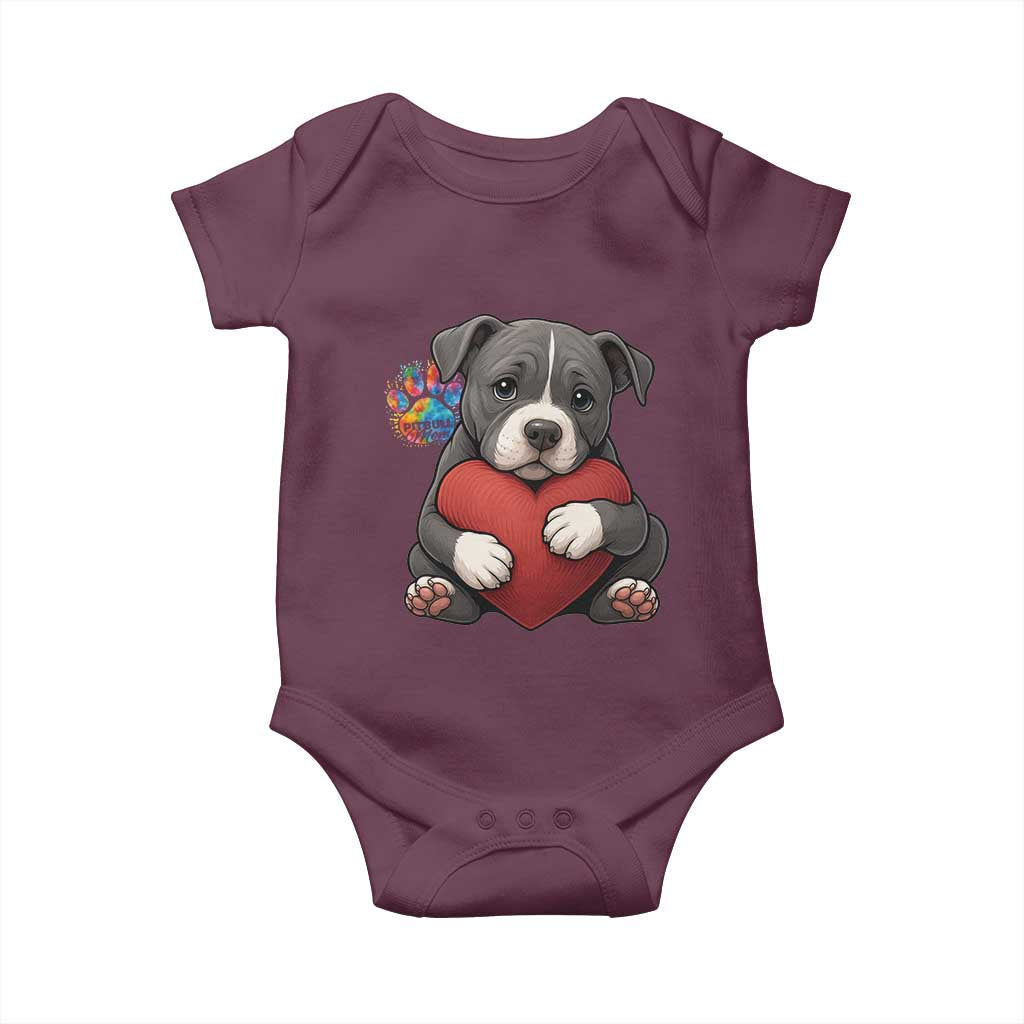 Pitbull Mom Baby Onesie Cute Puppy Hugging Heart Love Dog TS12 Maroon Print Your Wear