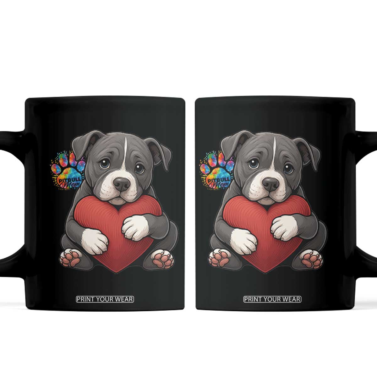 Pitbull Mom Coffee Mug Cute Puppy Hugging Heart Love Dog TS12 White Print Your Wear