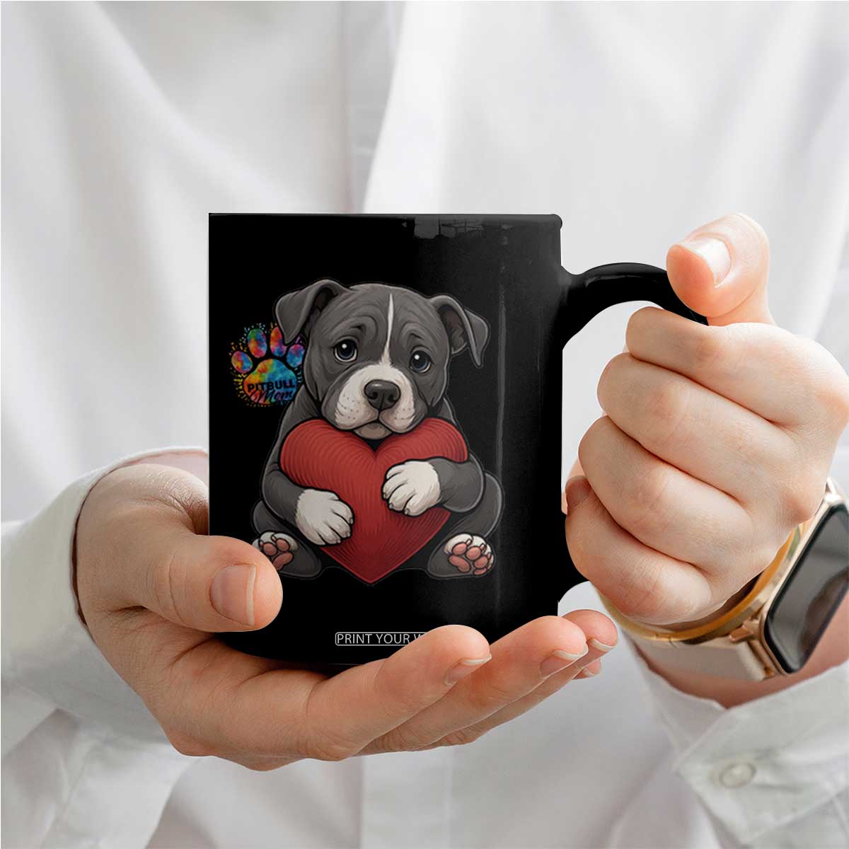 Pitbull Mom Coffee Mug Cute Puppy Hugging Heart Love Dog TS12 Print Your Wear