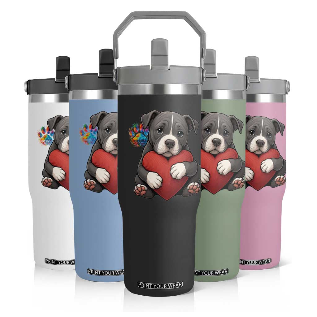 Pitbull Mom Flip Straw Tumbler Cute Puppy Hugging Heart Love Dog TS12 Print Your Wear