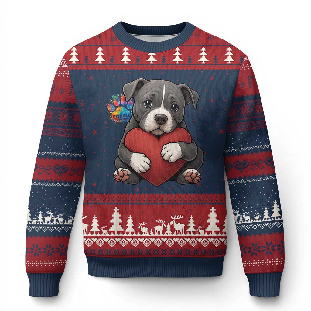 Pitbull Mom Ugly Christmas Sweater Cute Puppy Hugging Heart Love Dog TS12 Navy Red Print Your Wear
