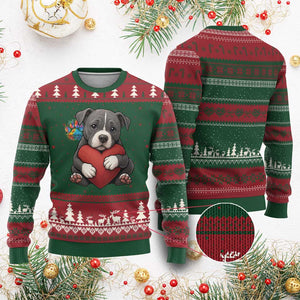 Pitbull Mom Ugly Christmas Sweater Cute Puppy Hugging Heart Love Dog TS12 Red Green Print Your Wear