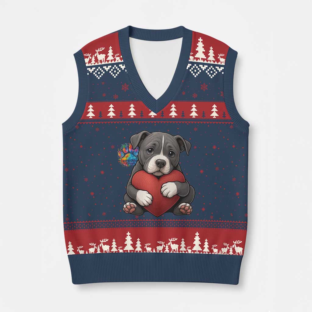 Pitbull Mom V-Neck Knit Sweater Vest Cute Puppy Hugging Heart Love Dog TS12 Navy Red Print Your Wear