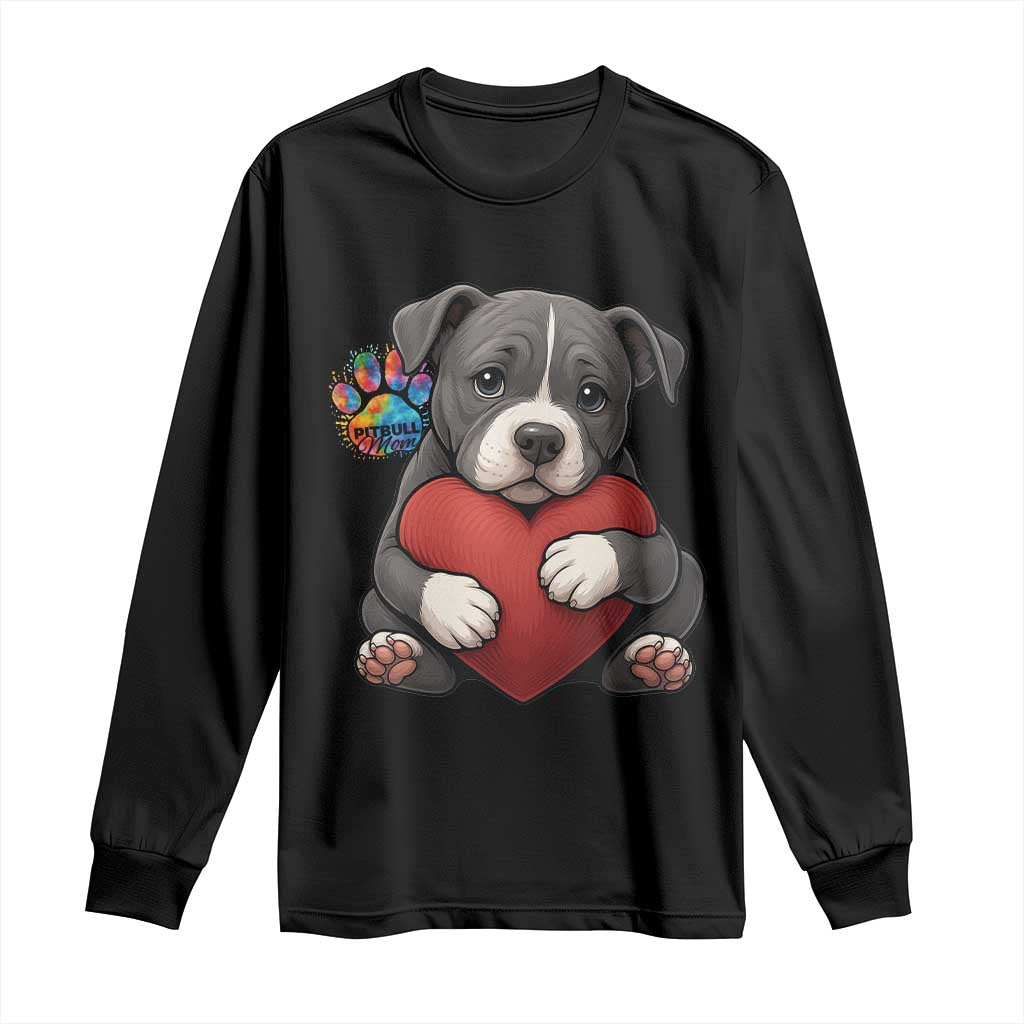 Pitbull Mom Long Sleeve Shirt Cute Puppy Hugging Heart Love Dog TS12 Black Print Your Wear