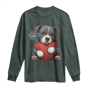 Pitbull Mom Long Sleeve Shirt Cute Puppy Hugging Heart Love Dog TS12 Dark Forest Green Print Your Wear
