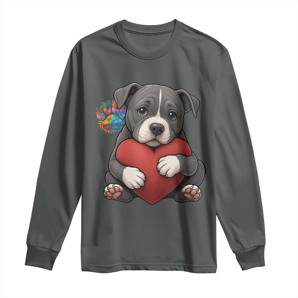 Pitbull Mom Long Sleeve Shirt Cute Puppy Hugging Heart Love Dog TS12 Dark Heather Print Your Wear