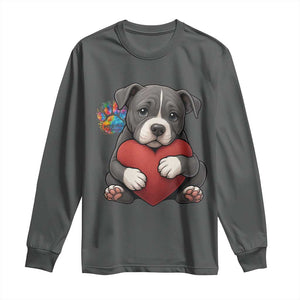 Pitbull Mom Long Sleeve Shirt Cute Puppy Hugging Heart Love Dog TS12 Dark Heather Print Your Wear