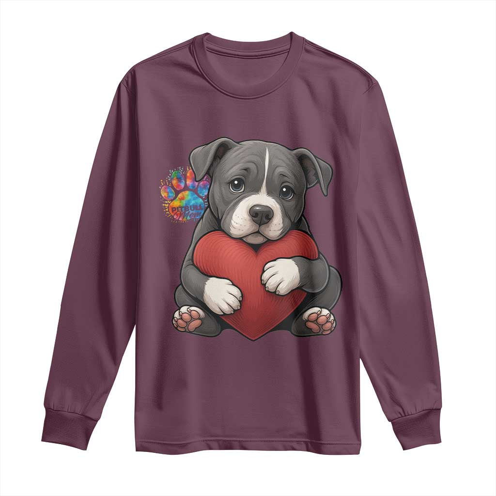 Pitbull Mom Long Sleeve Shirt Cute Puppy Hugging Heart Love Dog TS12 Maroon Print Your Wear