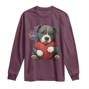 Pitbull Mom Long Sleeve Shirt Cute Puppy Hugging Heart Love Dog TS12 Maroon Print Your Wear