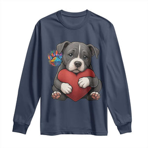 Pitbull Mom Long Sleeve Shirt Cute Puppy Hugging Heart Love Dog TS12 Navy Print Your Wear