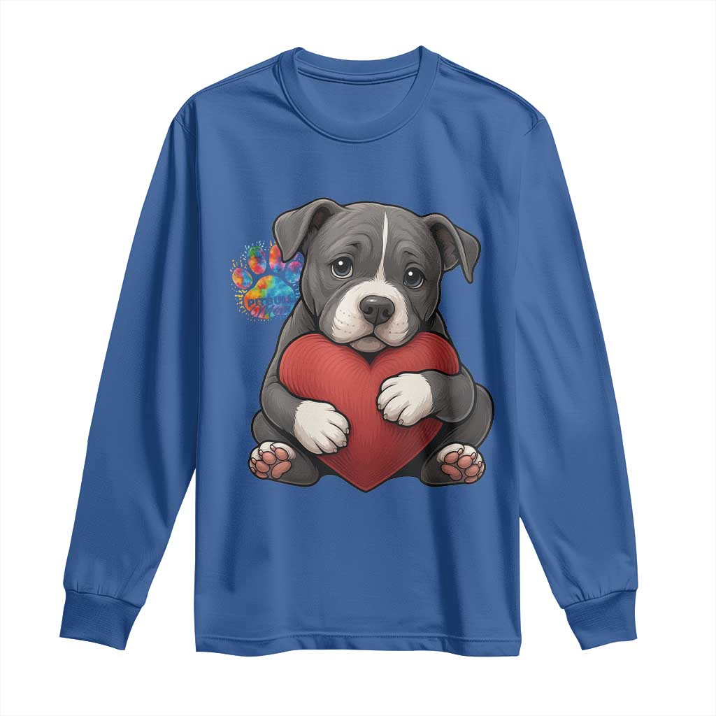 Pitbull Mom Long Sleeve Shirt Cute Puppy Hugging Heart Love Dog TS12 Royal Blue Print Your Wear