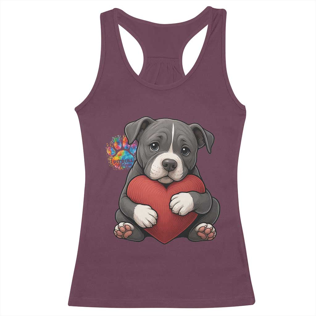 Pitbull Mom Racerback Tank Top Cute Puppy Hugging Heart Love Dog TS12 Maroon Print Your Wear