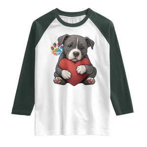 Pitbull Mom Raglan Shirt Cute Puppy Hugging Heart Love Dog TS12 White Dark Forest Green Print Your Wear