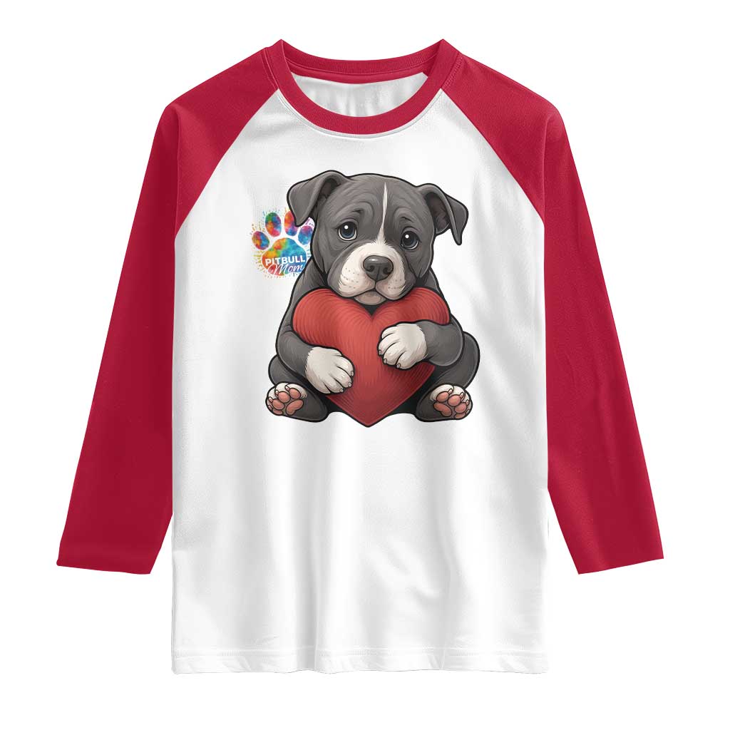 Pitbull Mom Raglan Shirt Cute Puppy Hugging Heart Love Dog TS12 White Red Print Your Wear