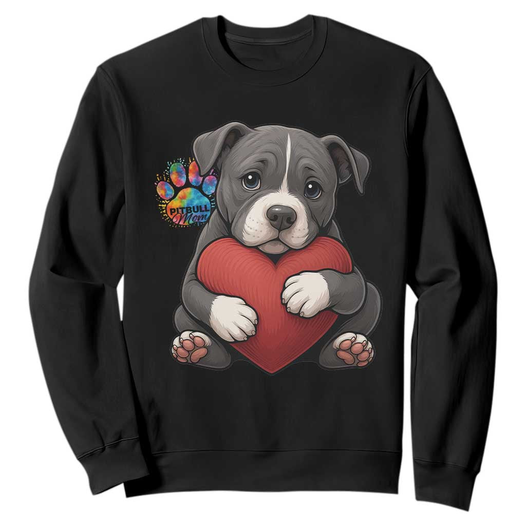 Pitbull Mom Sweatshirt Cute Puppy Hugging Heart Love Dog TS12 Black Print Your Wear