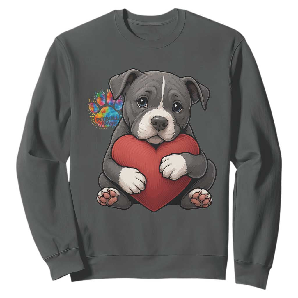 Pitbull Mom Sweatshirt Cute Puppy Hugging Heart Love Dog TS12 Dark Heather Print Your Wear