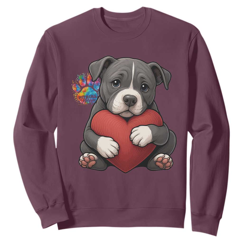 Pitbull Mom Sweatshirt Cute Puppy Hugging Heart Love Dog TS12 Maroon Print Your Wear