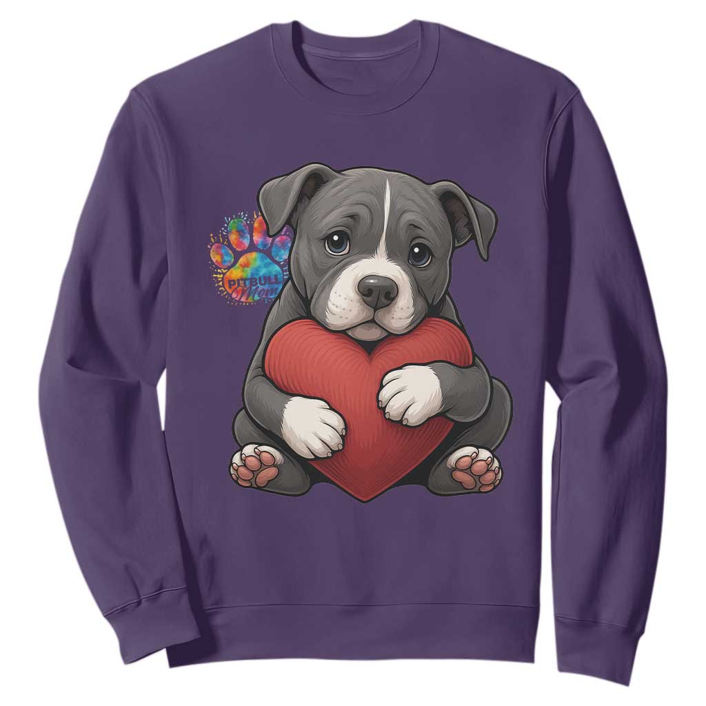 Pitbull Mom Sweatshirt Cute Puppy Hugging Heart Love Dog TS12 Purple Print Your Wear