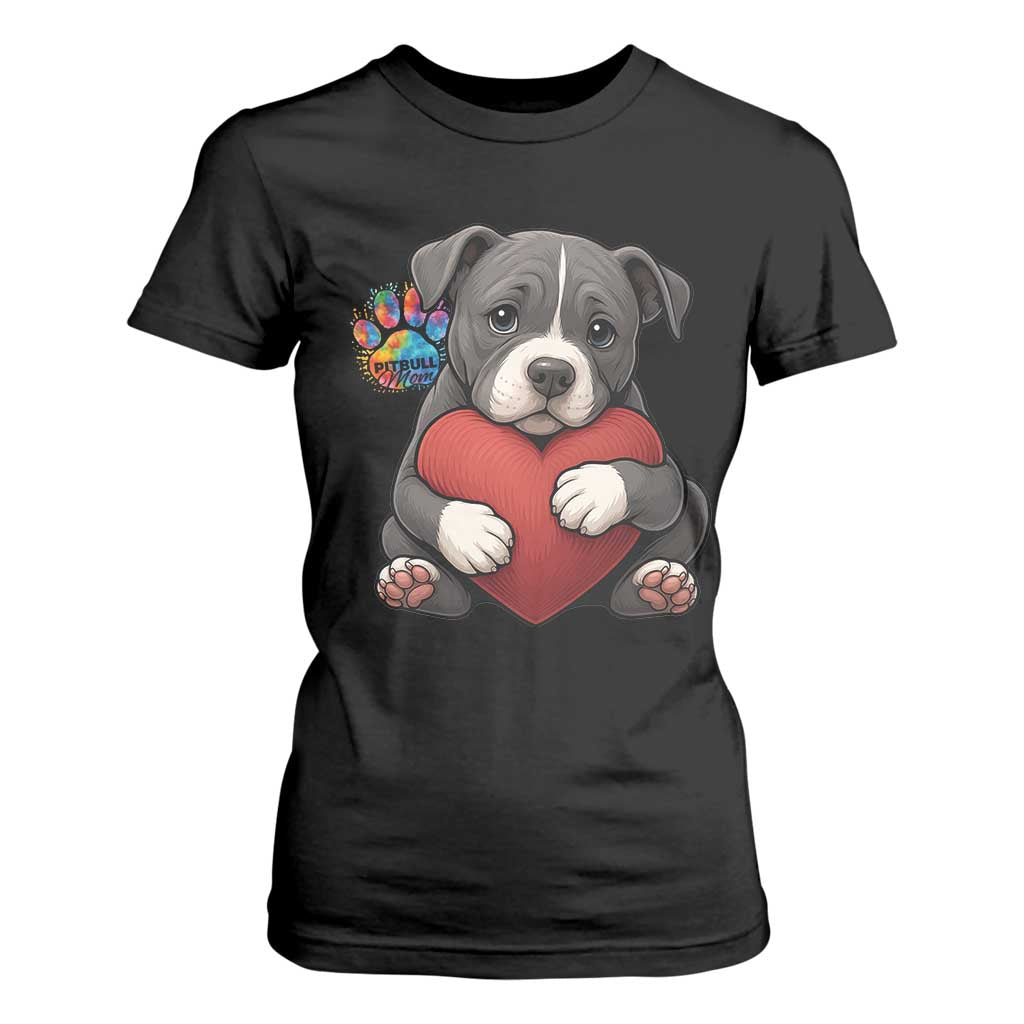 Pitbull Mom T Shirt For Women Cute Puppy Hugging Heart Love Dog TS12 Black Print Your Wear