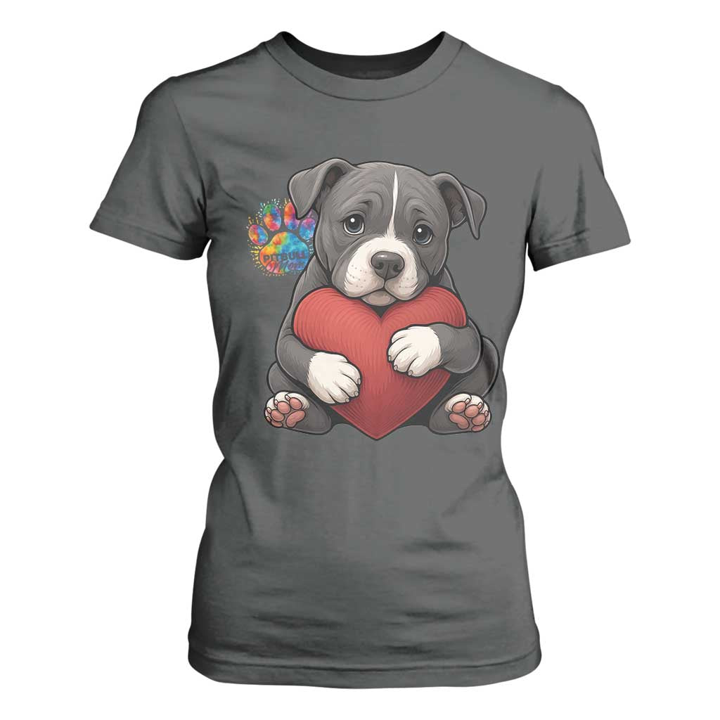 Pitbull Mom T Shirt For Women Cute Puppy Hugging Heart Love Dog TS12 Dark Heather Print Your Wear