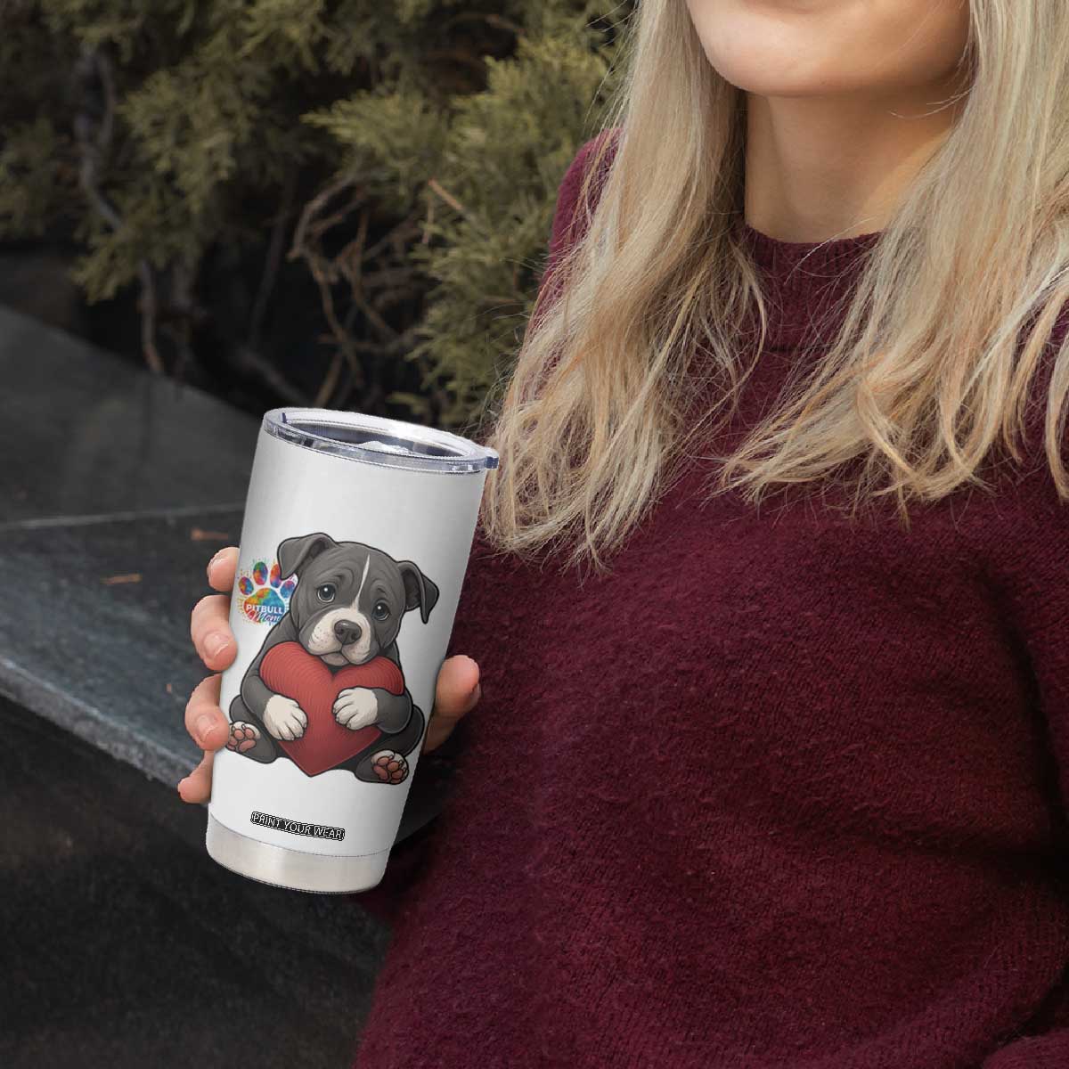 Pitbull Mom Tumbler Cup Cute Puppy Hugging Heart Love Dog TS12 Print Your Wear