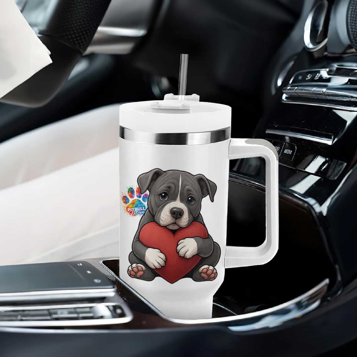 Pitbull Mom Tumbler With Handle Cute Puppy Hugging Heart Love Dog TS12 Print Your Wear