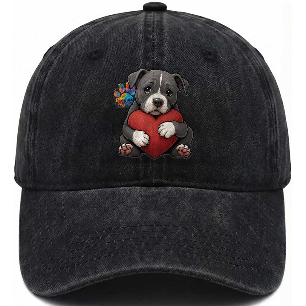 Pitbull Mom Washed Cotton Baseball Cap Cute Puppy Hugging Heart Love Dog TS12 Print Your Wear