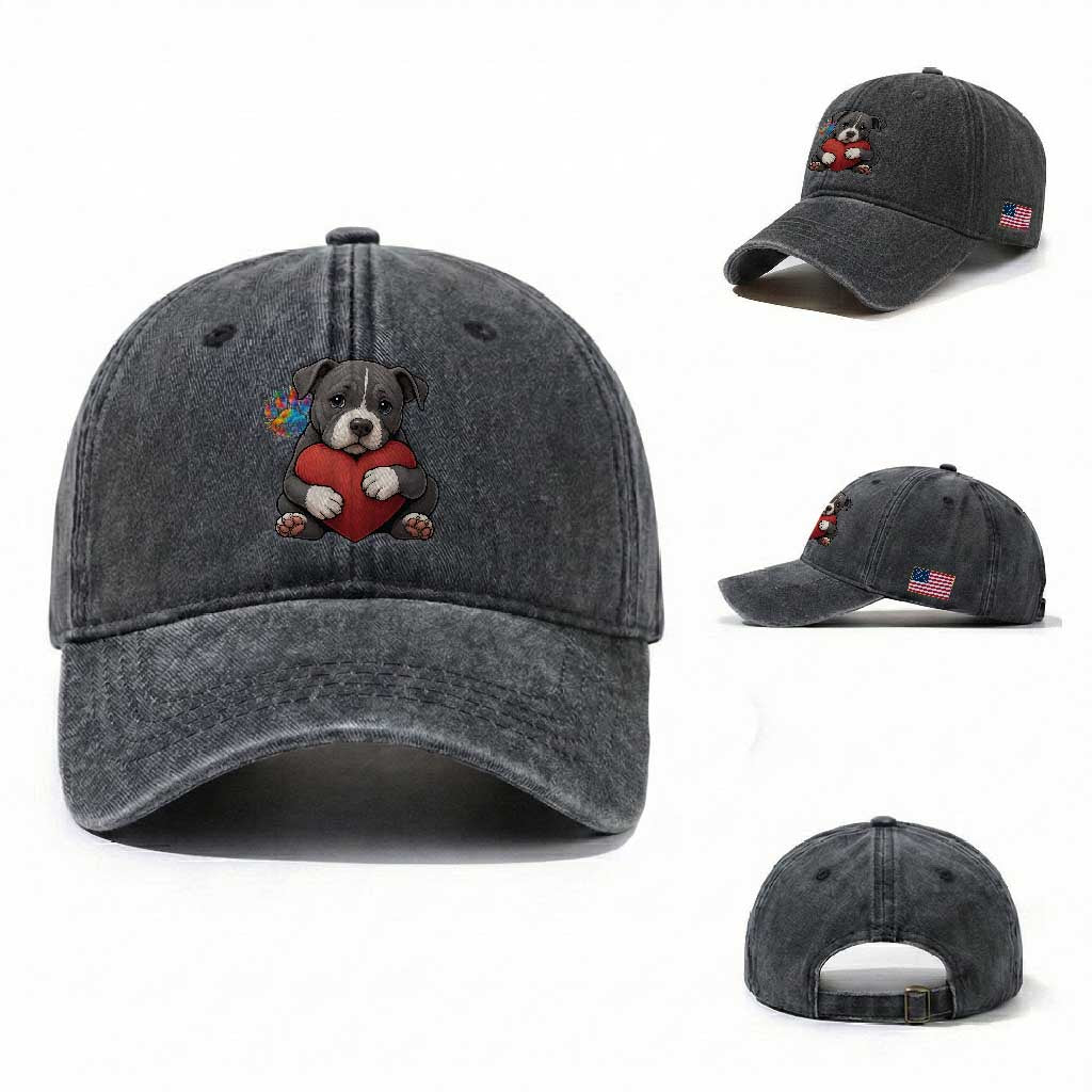 Pitbull Mom Washed Cotton Baseball Cap Cute Puppy Hugging Heart Love Dog TS12 Washed Cap Universal Fit Dark Gray Print Your Wear