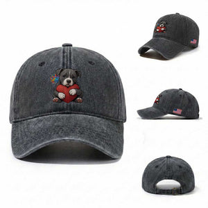 Pitbull Mom Washed Cotton Baseball Cap Cute Puppy Hugging Heart Love Dog TS12 Washed Cap Universal Fit Dark Gray Print Your Wear