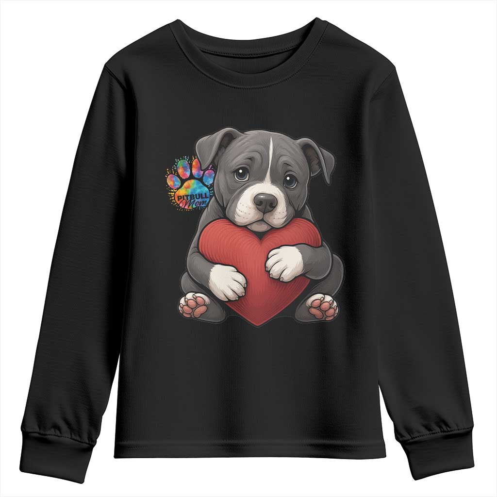 Pitbull Mom Youth Sweatshirt Cute Puppy Hugging Heart Love Dog TS12 Black Print Your Wear