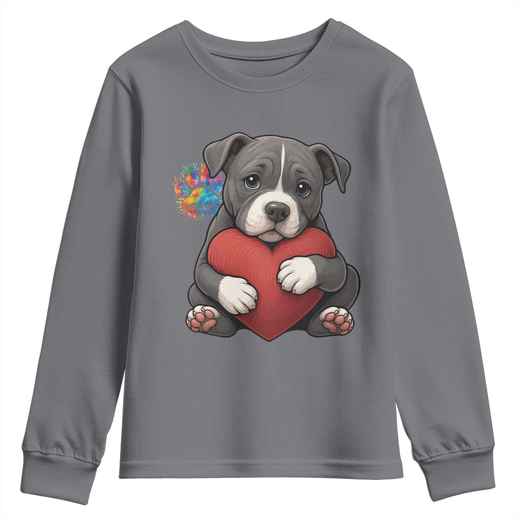 Pitbull Mom Youth Sweatshirt Cute Puppy Hugging Heart Love Dog TS12 Charcoal Print Your Wear