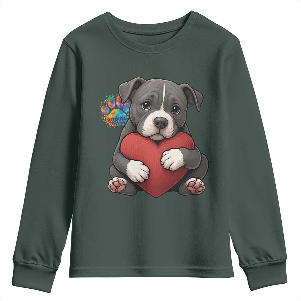 Pitbull Mom Youth Sweatshirt Cute Puppy Hugging Heart Love Dog TS12 Dark Forest Green Print Your Wear