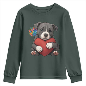 Pitbull Mom Youth Sweatshirt Cute Puppy Hugging Heart Love Dog TS12 Dark Forest Green Print Your Wear