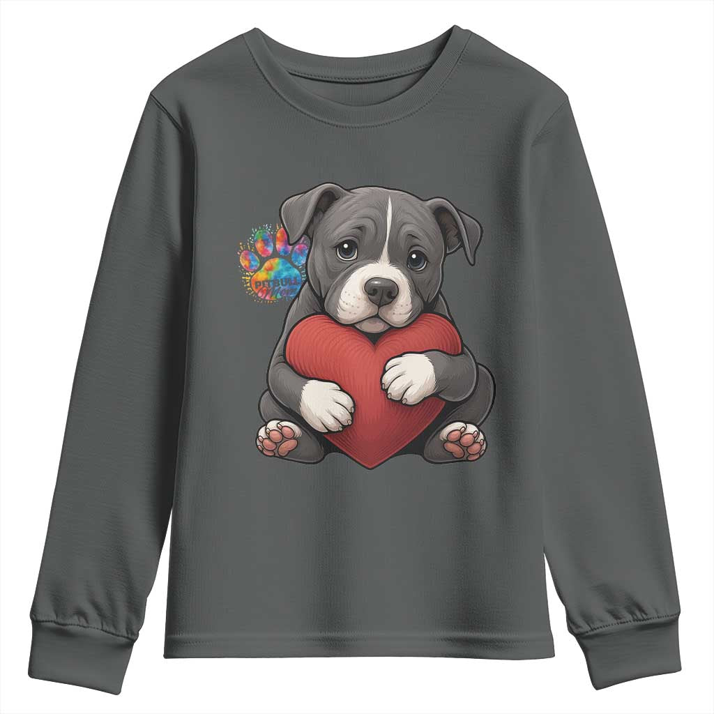 Pitbull Mom Youth Sweatshirt Cute Puppy Hugging Heart Love Dog TS12 Dark Heather Print Your Wear