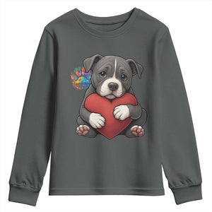 Pitbull Mom Youth Sweatshirt Cute Puppy Hugging Heart Love Dog TS12 Dark Heather Print Your Wear
