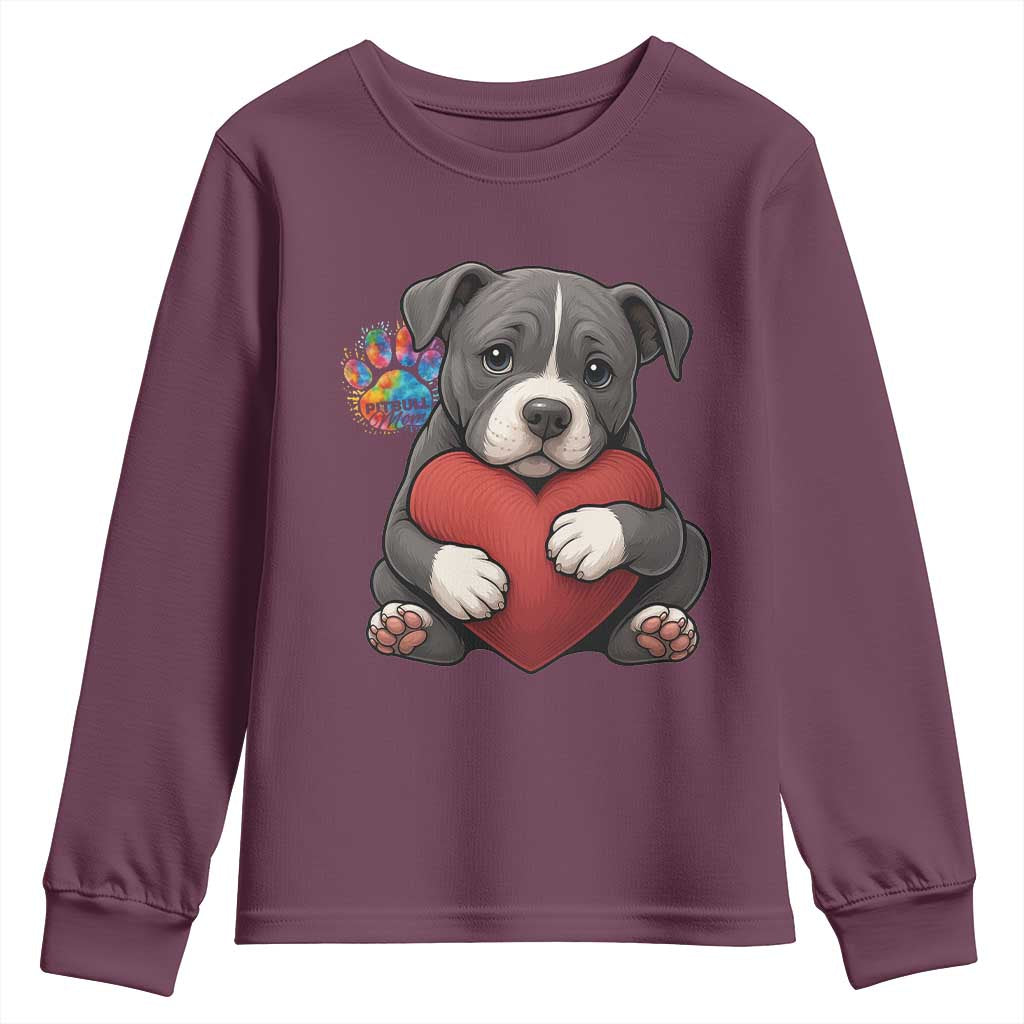 Pitbull Mom Youth Sweatshirt Cute Puppy Hugging Heart Love Dog TS12 Maroon Print Your Wear