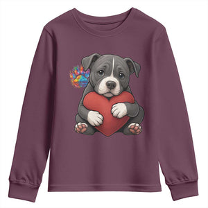 Pitbull Mom Youth Sweatshirt Cute Puppy Hugging Heart Love Dog TS12 Maroon Print Your Wear